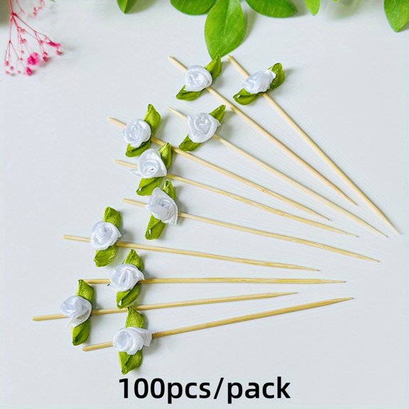 100 Pcs White Rose Fruit Picks, Bamboo Cocktail Picks with Fabric Flower Toppers, Decorative Appetizer Toothpicks for Wedding Party Dessert Table, Drink Garnish Sticks for Fruit Snacks and Buffet