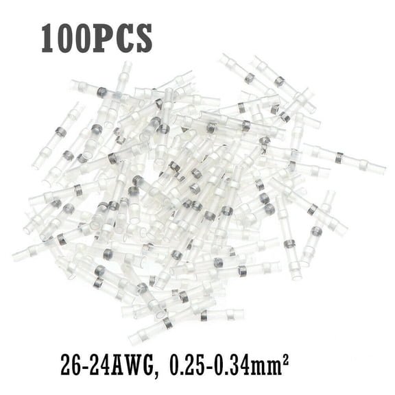 100 Pcs White Solder Seal Heat Shrink Butt Wire Connectors Terminals, Tin Coated Copper Crimp Ring For Marine Automotive Cable Splicing, 26-24 AWG, Waterproof Insulated Electrical Joint Kit
