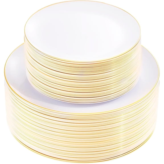 100 Pcs White and Gold Plastic Disposable Plates 10.25 Inch Dinner and 7.5 Inch Dessert Salad