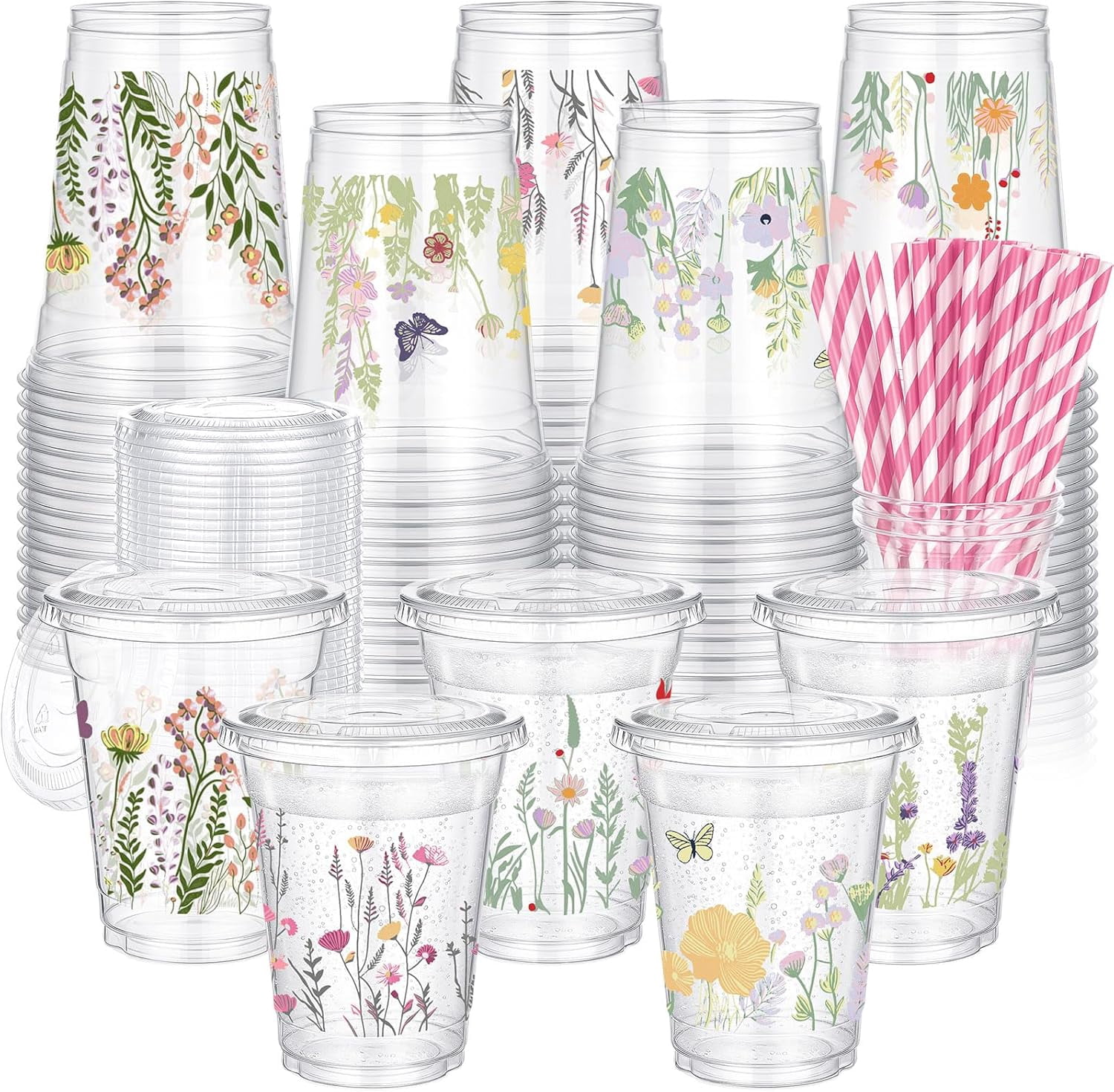 100 Pcs Wildflower Cups Plastic Disposable with Lids and Straws 12 oz Plastic Floral Butterfly Drinking Cups for Spring Summer Tea Party Wedding Baby Shower Bridal Shower Supplies