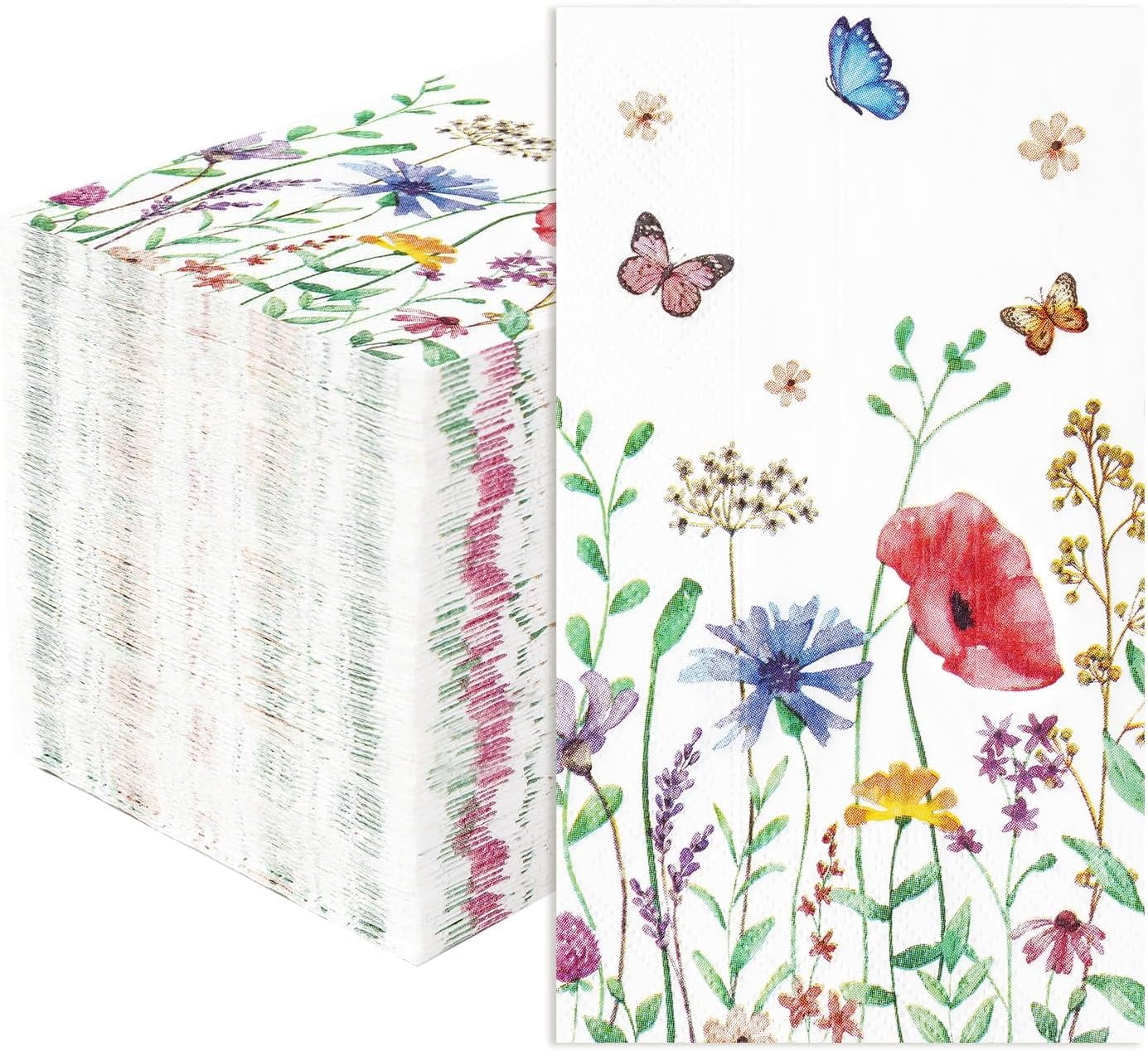 100 Pcs Wildflower Floral Napkins 3 Ply Watercolor Colored Butterfly Flower Napkins Disposable Decorative Luncheon Napkins Guest Paper Hand Towels for Bathroom Spring Summer Wedding Bridal Baby Showe