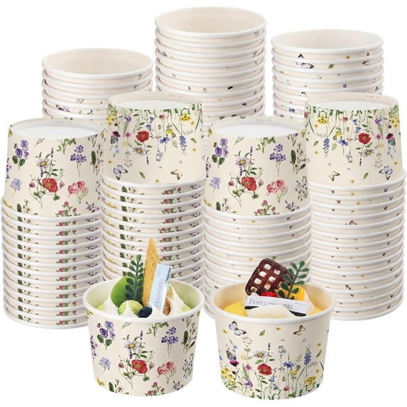 100 Pcs Wildflower Ice Cream Paper Cups Floral 9 oz Spring Summer Disposable Dessert Bowls Snack Cups for Wildflower Party Supplies Birthday Wedding