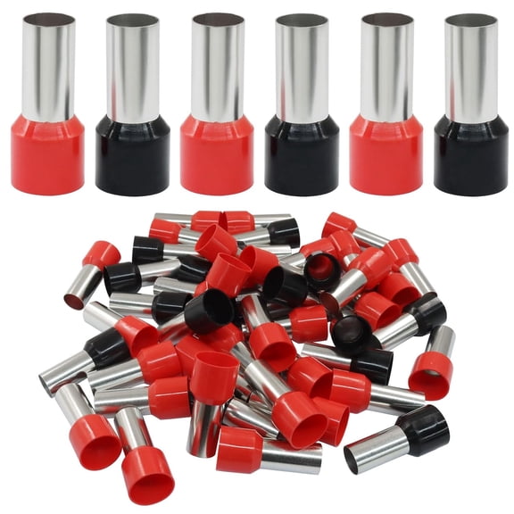 100 Pcs Wire Ferrules, 1 AWG Ferrule Connectors Wire Copper Crimp E5020 Connectors Insulated Ferrule Pin Cord End Terminals(50 Black + 50 Red)