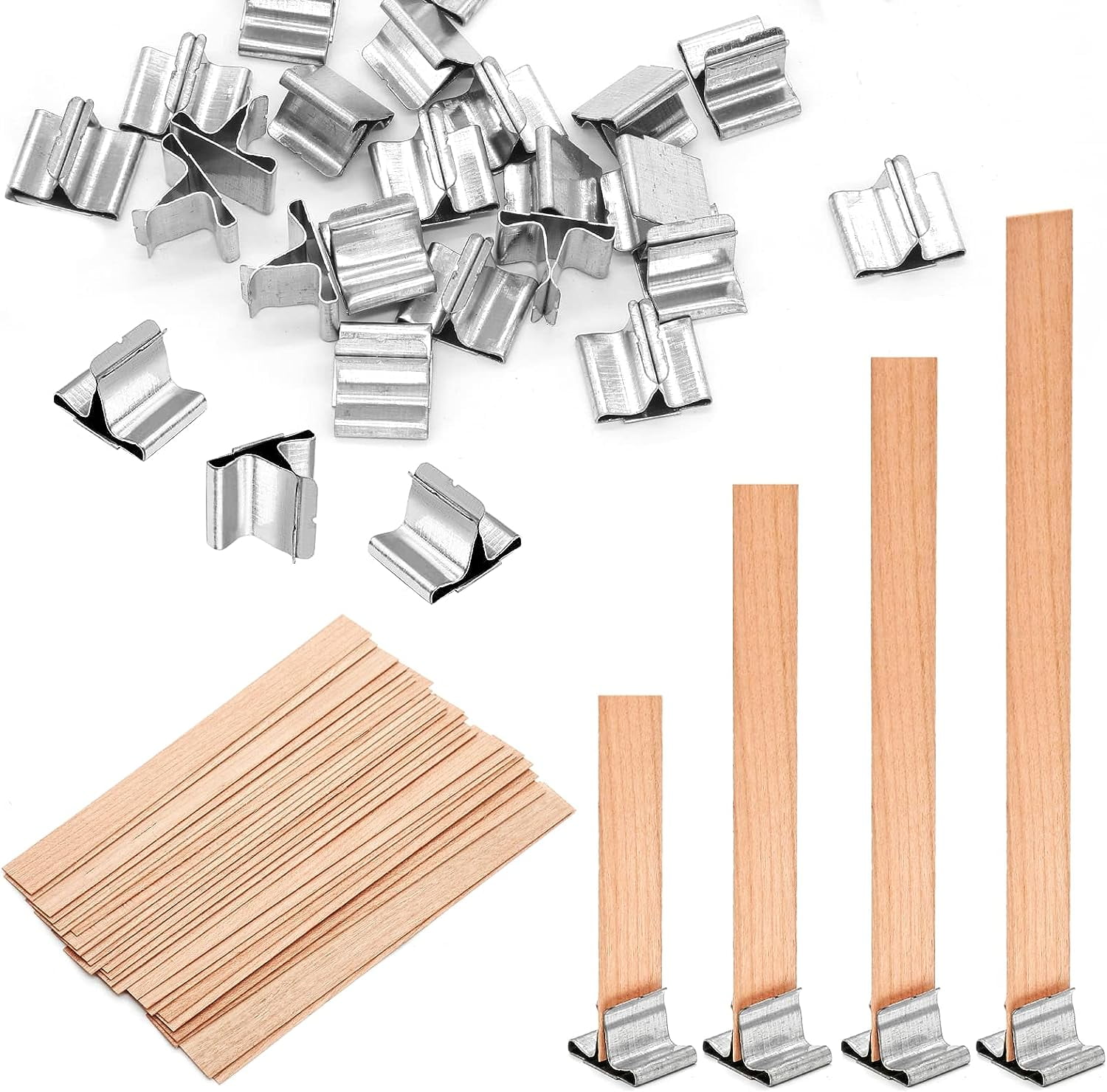 100 Pcs Wooden Candle Wicks, Wood Wicks Wooden Core Wax Wicks Complete with 50 Pcs Metal Base Anchor Holders