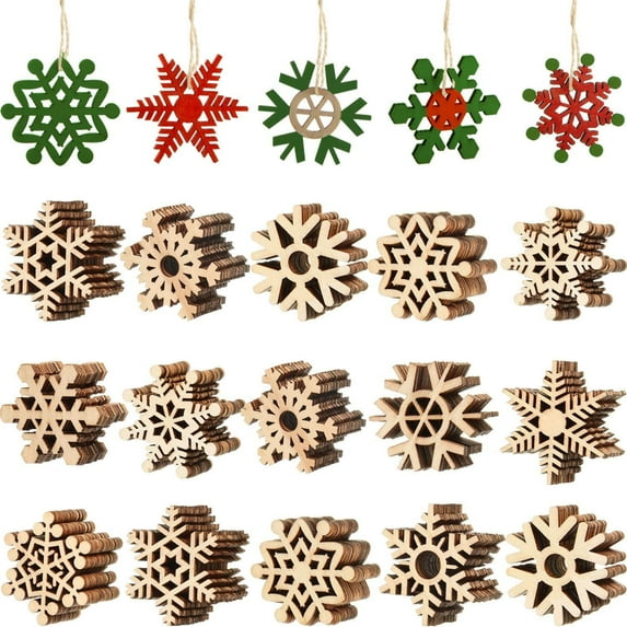 100 Pcs Christmas Snowflake Ornaments, 2 in Hanging Snowflake Wood Slices, Christmas Decor