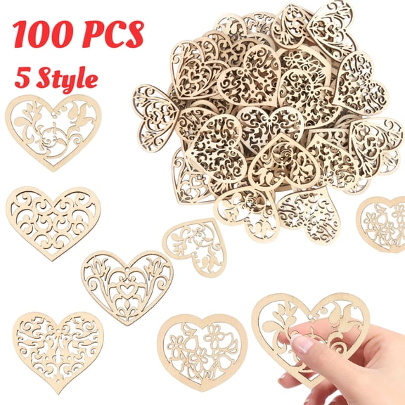 100 Pcs Wooden Hearts for Crafts 5 Style Hollow Love Flower Pendants DIY Wooden Slices for Valentines Christmas Party Decorations