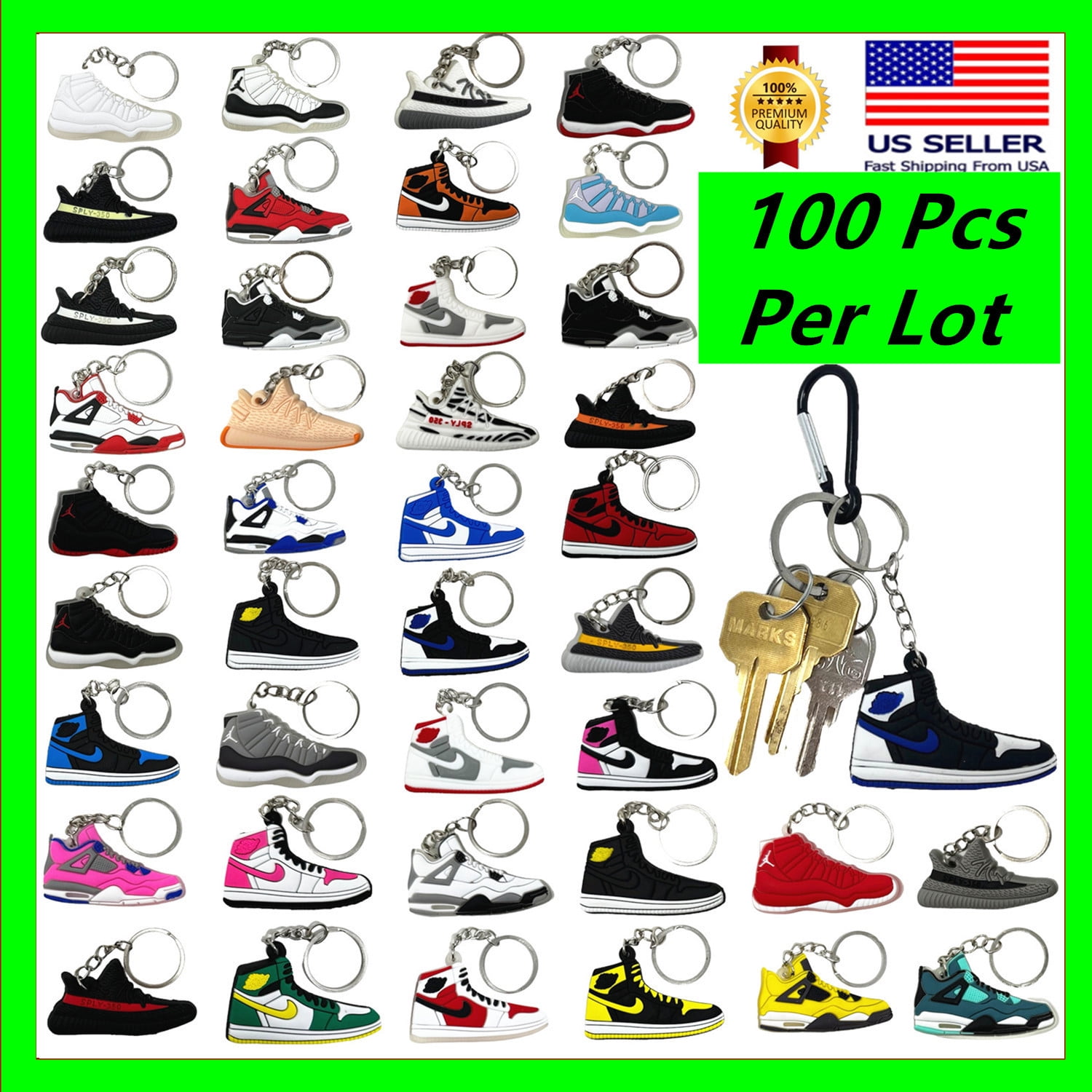100 Pcs of 2D Sneakers Keychains Hype Beast Sneaker 2D Variety of Keychains Lot (Random Color and Design)