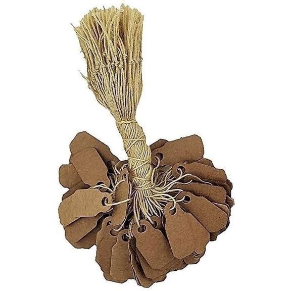 100 Pcs of Paper String Tags, Price Tags, Elegant Jewelry String Tags Perfect for Gifts or Business 7/8" x 3/8" - 100 Pack, Kraft