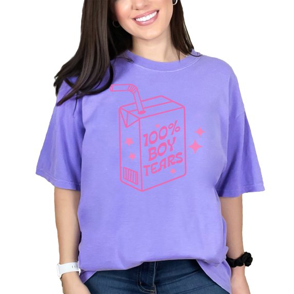 100 Percent Boy Tears, Pink Text & Juice Pack Art, Sassy Girls Merch, Violet Comfort Colors T-Shirt, Medium