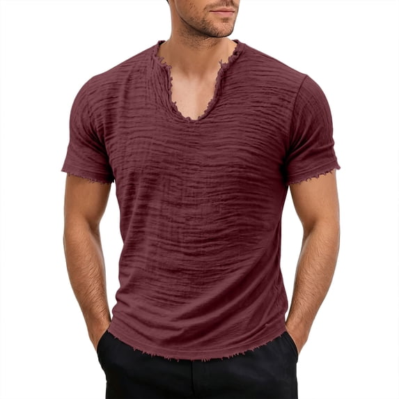 100 Percent Cotton T-Shirts for Men Jerdar Men's Solid Color Pleated Frayed Edges Special V-neck Short-sleeved Shirt