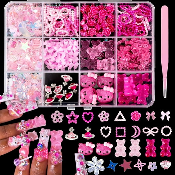 100-Piece 3D Nail Art Charms Set - Cute Gummy Bear Butterfly Bow Heart & Star Decorations with Pearls & Gems DIY Nail Supplies for Women & Teens (Pink Theme Variety Pack)