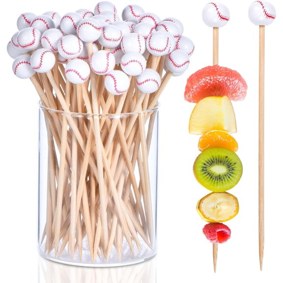 100 Piece 4.7 Inch Baseball Bamboo Cocktail Pick Appetizer Fruit Skewer