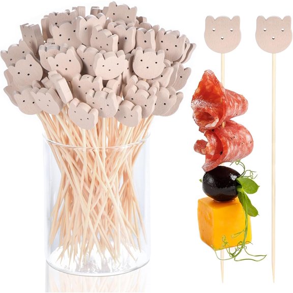 100 Piece 4.7 Inch Bear Face Bamboo Cocktail Pick Appetizer Fruit Skewer