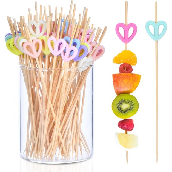 100 Piece 4.7 Inch Heart Shaped Bamboo Cocktail Pick Appetizer Fruit Skewer