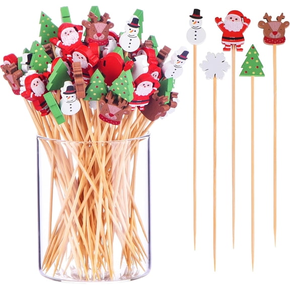 100 Piece 4.7 Inch Winter Theme Bamboo Cocktail Pick Appetizer Toothpick Skewer
