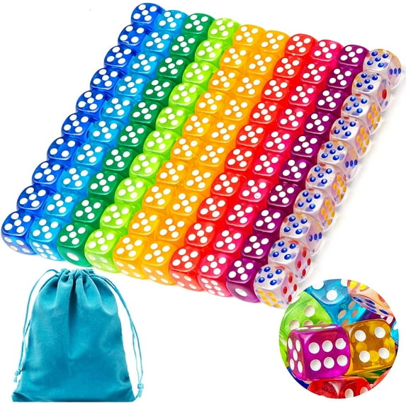 100-Piece Acrylic Dice Set - 12mm, 6-Sided, Translucent Colors, Velvet Pouch, 10 Colors for Board Games & Classroom Math