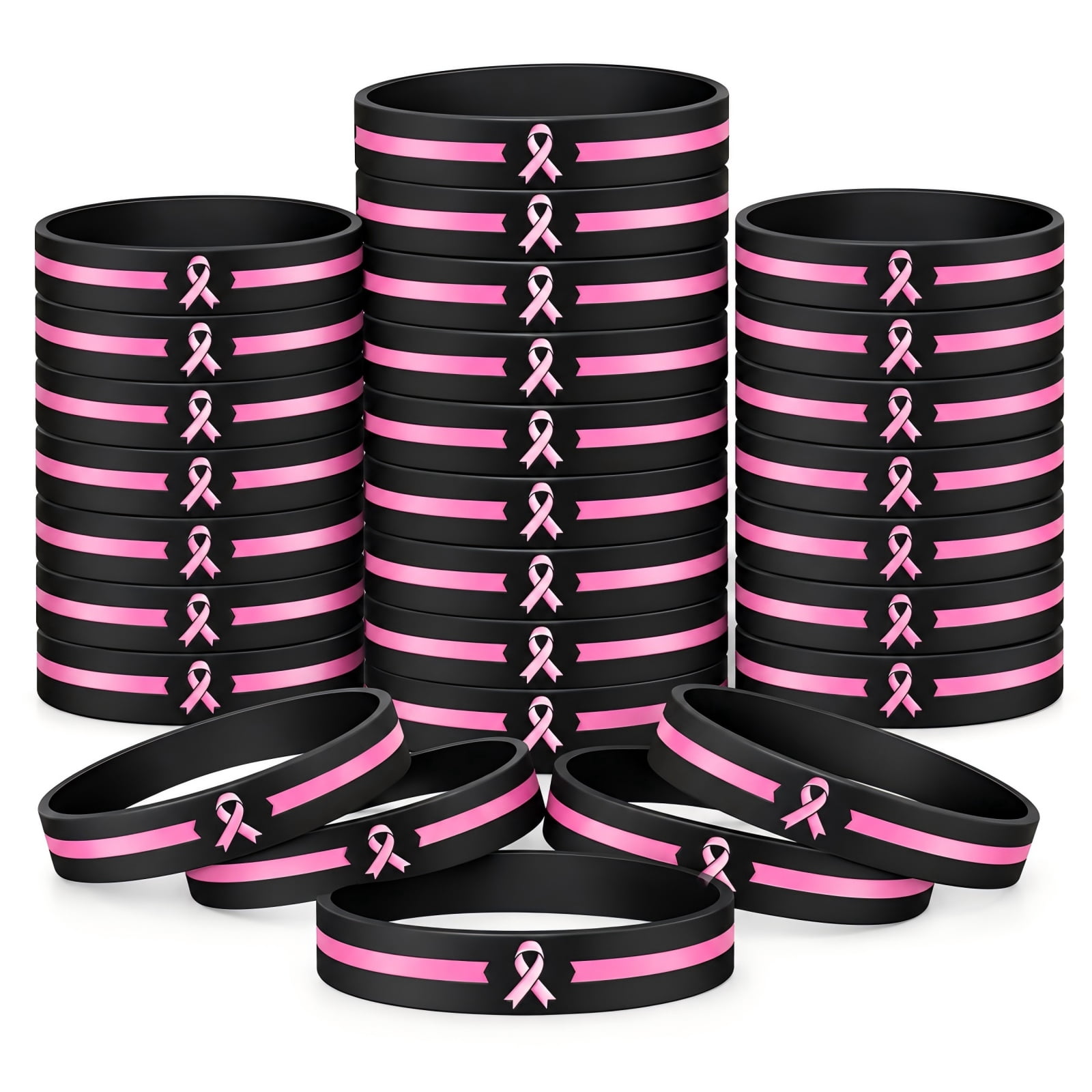 100-Piece Breast Cancer Awareness Pink Ribbon Bracelets, Silicone ...