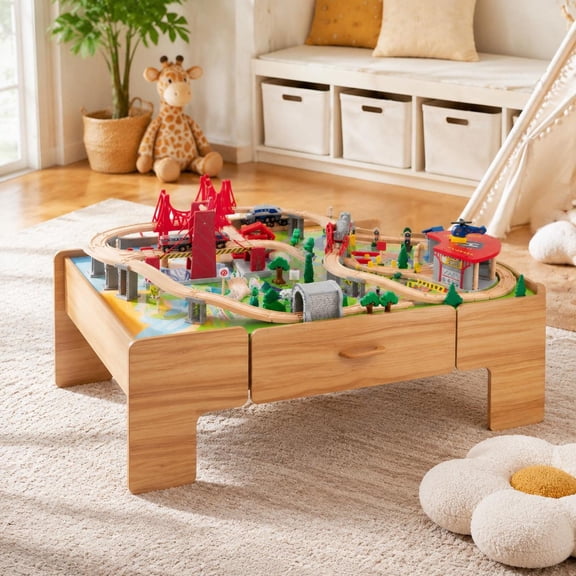 100-Piece Double-Sided Wooden Train Table, Kids Toy Set with Storage Drawer, Tracks, Bridges, Tunnel