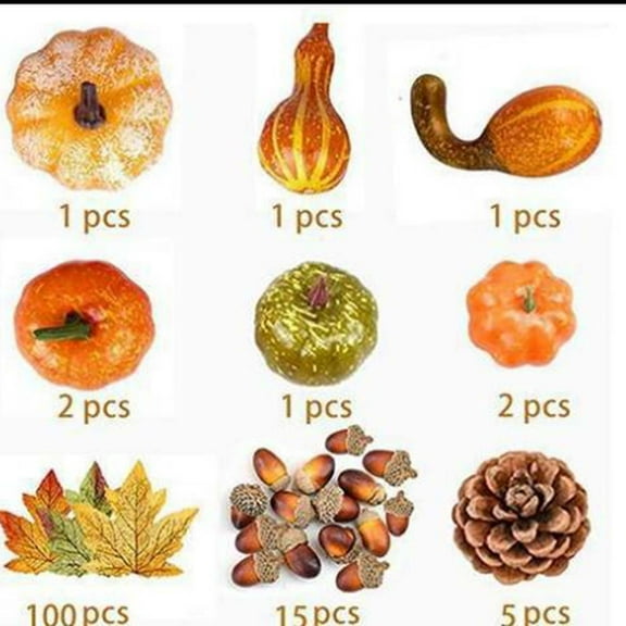 100 Piece Fall Decorations Set Artificial Pumpkins,Maple Leaves,Acorns & Cones for Thanksgiving & Halloween Wreath Making Reusable Foam & Nylon Decor Kit