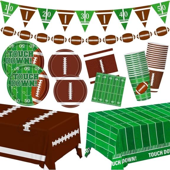 100-Piece Football Party Tableware Set - Serves 24 Guests, Includes Plates, Cups, Napkins, Tablecloths & Banners - Disposable Game Day, Tailgate, Super Bowl, Birthday Party Decorations