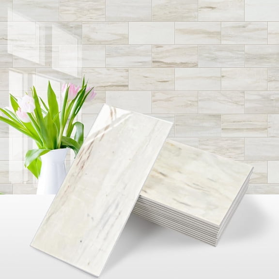 100-Piece Glossy Wooden Marble Grain Peel and Stick Backsplash Tile,3''x6'' PVC Subway Tile with White Grout, Stick on Backsplash for Kitchen/Bathroom/Fireplace