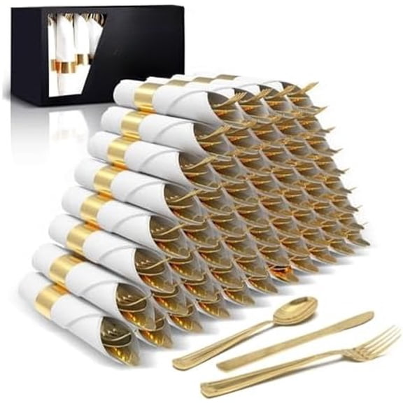 100 Piece Gold Plastic Silverware Set - 25 Pre-Rolled Plastic Utensils Set with Forks, Knives, Spoons, and White Napkins - Fancy Disposable Flatware for Dinner Parties, Weddings, and Events