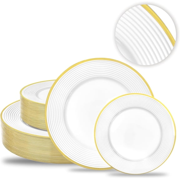 100-Piece Gold-Trimmed White Plastic Disposable Dinner and Dessert Plates  Textured Spiral Design, 10.25-Inch and 7.5-Inch Round Plates for Parties, Weddings, and Birthdays