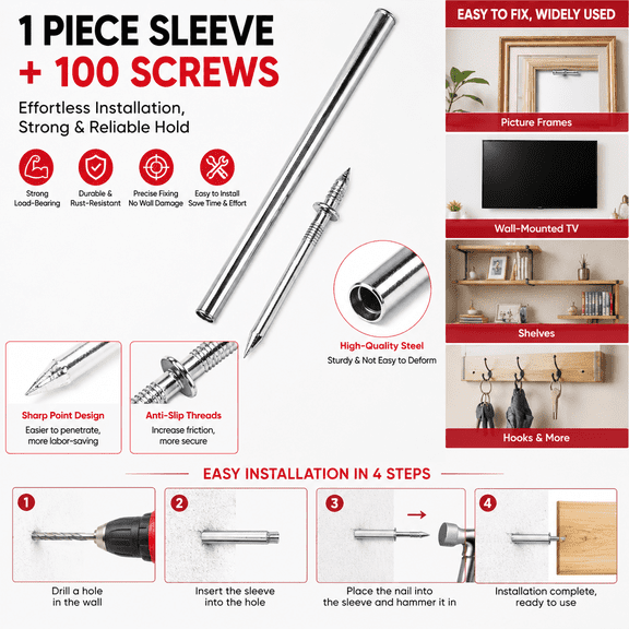 100Pcs Hidden Dual-Head Trim Nail Set, Invisible Concealed Nails with Sleeve Tool, Hidden Fasteners for Baseboard Door Frame Wall Panel Home DIY