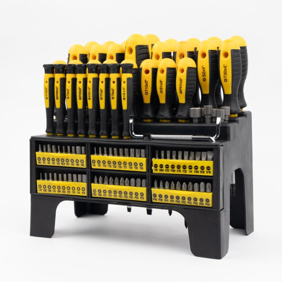 100-Piece Magnetic Screwdriver Set with Plastic Rack, Includes Slotted/Phillips/Torx Precision Drivers, Non-Slip Rubber Handles, Multi-Purpose Hand Tools, Ideal Gift for Handymen & DIY Enthusiasts