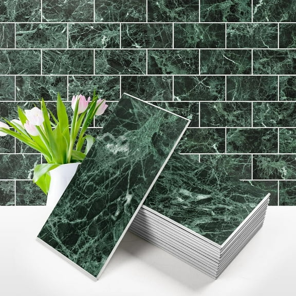 100-Piece Matte Marble Green Peel and Stick Backsplash Tile,3''x6'' PVC Subway Tile with White Grout, Stick on Backsplash for Kitchen/Bathroom/Fireplace
