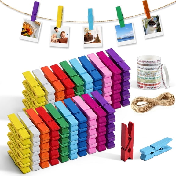 100 Piece Mini Clothespins 1.4 Inch Strong Photos Washi Tapes Jute Twine Colorful Wooden Small Clothes Pins Picture Crafts