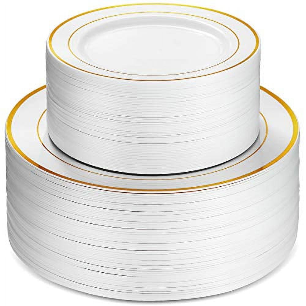 Gold Rim White Plastic Dinner and Dessert Plates Set for 50 Guests