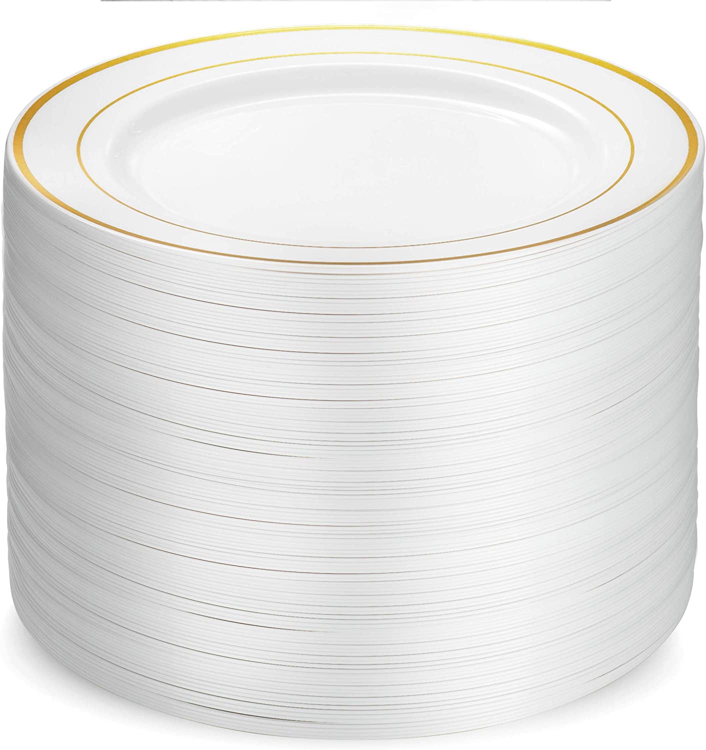 Elegant White and Gold Rim 10.25" Disposable Plastic Dinner Plates, Set of 100