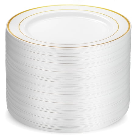 100 Piece Plastic Party Plates White Gold Rim, Premium Heavy Duty 10.25 Inch Dinner Plates Elegant Fancy Heavy Duty Disposable Wedding Plates