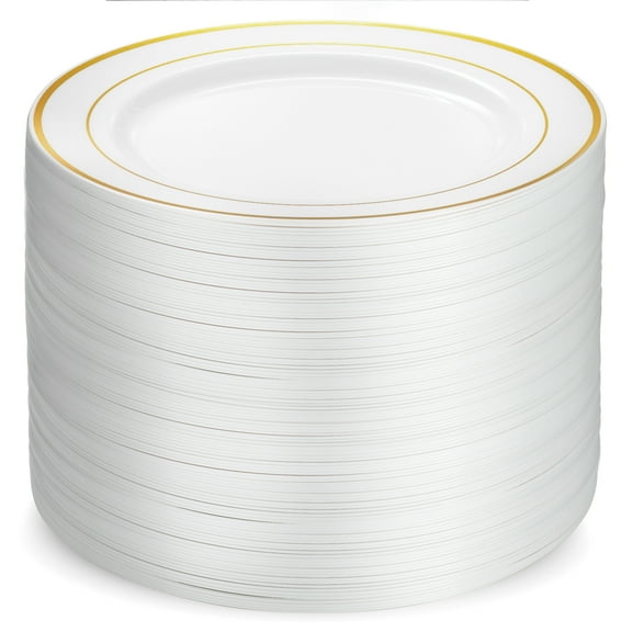 100 Piece Plastic Party Plates White Gold Rim, Premium Heavy Duty 10.25 Inch Dinner Plates Elegant Fancy Heavy Duty Disposable Wedding Plates