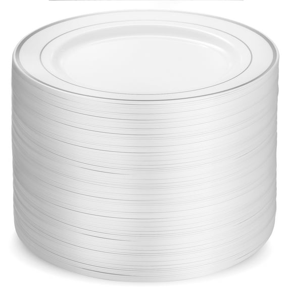100 Piece Plastic Party Plates White Silver Rim, Premium Heavy Duty 10.25 Inch Dinner Plates Elegant Fancy Heavy Duty Disposable Wedding Plates