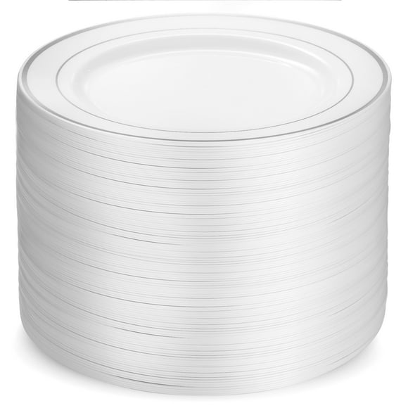 100 Piece Plastic Party Plates White Silver Rim, Premium Heavy Duty 10.25 Inch Dinner Plates Elegant Fancy Heavy Duty Disposable Wedding Plates