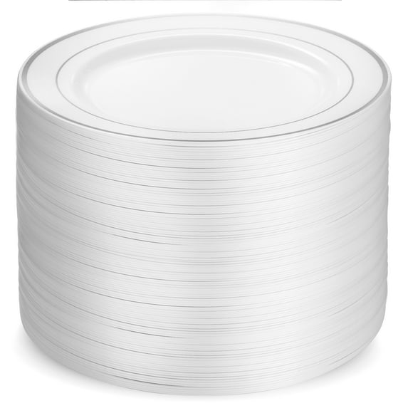 100 Piece Plastic Party Plates White Silver Rim, Premium Heavy Duty 10.25 Inch Dinner Plates Elegant Fancy Heavy Duty Disposable Wedding Plates