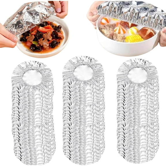 100-Piece Reusable Aluminum Foil Food Covers - Stretchable Insulation Covers for Bowls, Plates & Containers, Heat Retention Lids with Pull-Out Packaging
