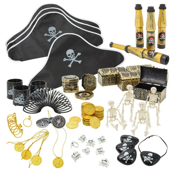100 Piece Set Pirate Birthday Party Supplies for Kids, Hat, Patch, Compass, Coins, Toys and Accessories for Party Favors