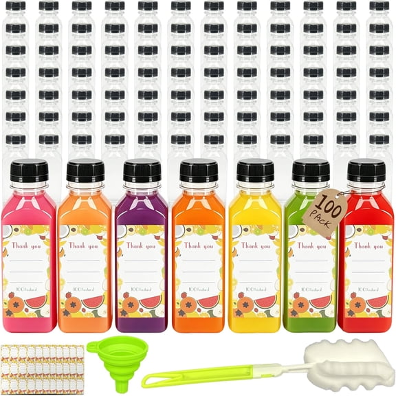 100 Piece Set of 16 Ounce Reusable Plastic Juice Bottles with Caps