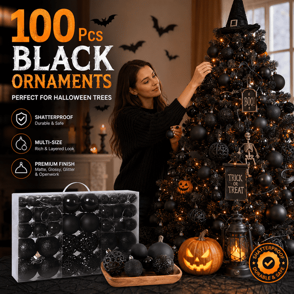 100pcs Shatterproof Christmas Balls - Plastic Ornaments for Christmas Tree Decoration, Party Festivities, Black