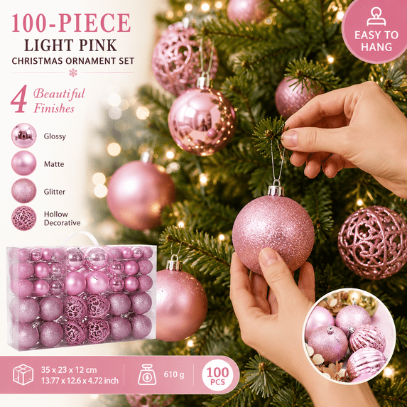 100pcs Shatterproof Christmas Balls - Plastic Ornaments for Christmas Tree Decoration, Party Festivities, Pink