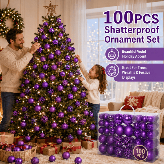 100pcs Shatterproof Christmas Balls - Plastic Ornaments for Christmas Tree Decoration, Party Festivities, Purple