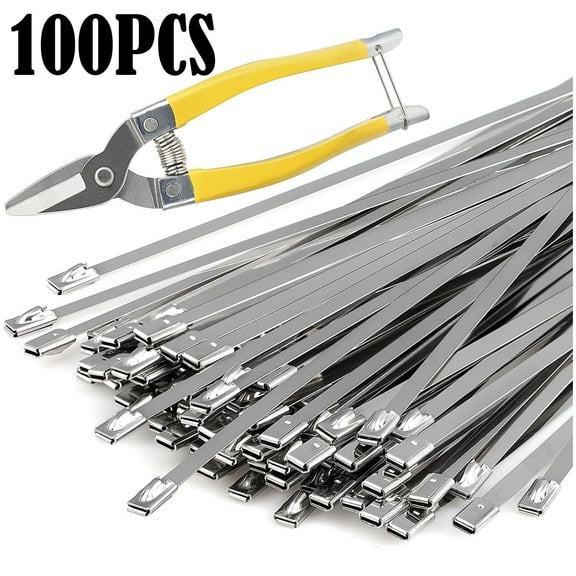100 Pieces 11.8 Inches Metal Zip Ties 7 Inch Miter Shears SuitMetal Cutting Shears for Cutting Stainless Steel Cable Ties -Suitable For Gardens, Farms, Chain Link Fences, Vehicles, Etc.