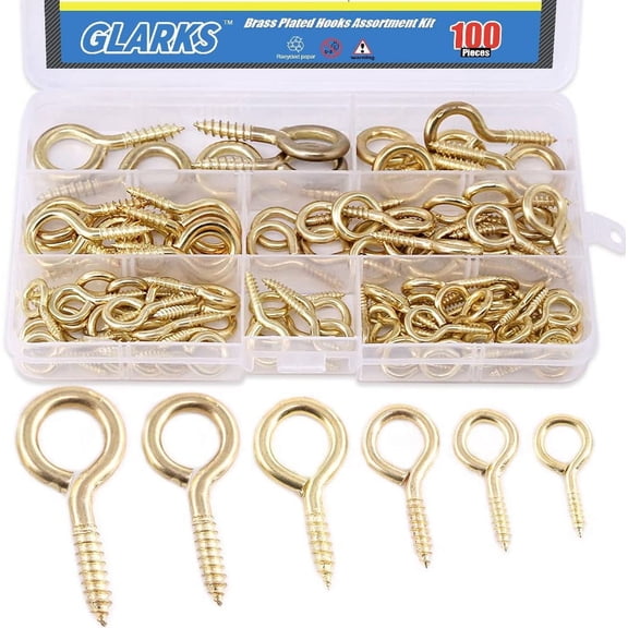 100-Pieces 6 Size Brass Plated Lag Eyebolts Screw-in Eye Shape Screw Hooks Hanging Hooks Assortment Set