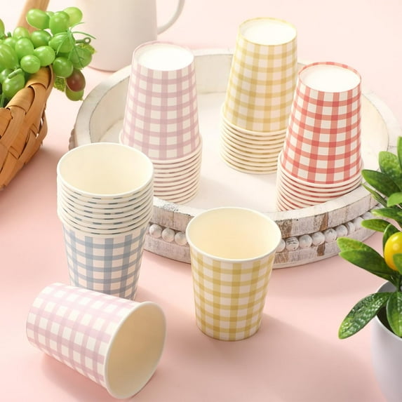 100 Pieces,9 oz Gingham Paper Drinking Cups, 4 Colors, Checkered Cups for Hot Cold Beverage, Birthday Party, Travel, Picnic