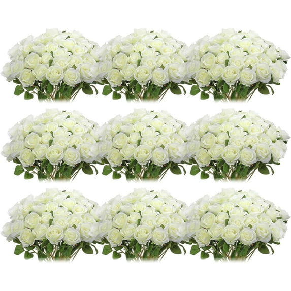 100 Pieces Artificial Roses Flowers Bulk, Long Stem Realistic Fake Silk Roses Bouquet for Table Centerpiece Vases Wedding Party Home Kitchen Decor (White)