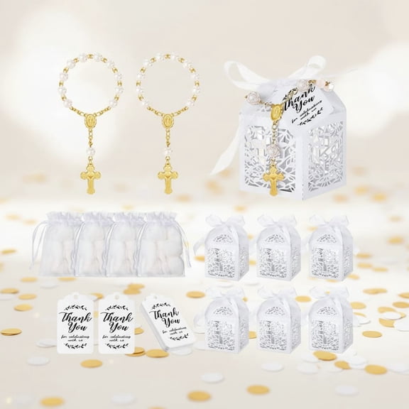 100 Pieces Baptism Favors Set Includes 25 Pieces Mini Rosary, Laser Cut Baptism Favor Boxes, White Organza Bags and 25 Pcs Thank You Tags for Baby Shower Gifts Wedding Party Supplies