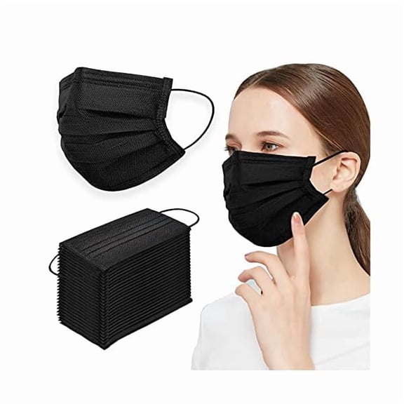 100 Pieces Black Disposable Face Masks, Non Woven 3ply Earloop Disposable Masks, Fit for Adults